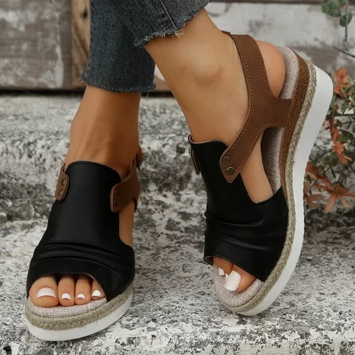 NcwsPleated PU Leather Wedge Sandals for Women Back Strap Espadrilles Platform Sandles Woman 2023 Summer Thick