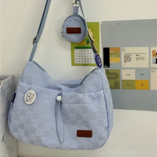 OT2eXiuya Harajuku Style College Crossbody Bag Solid Color Plaid Print Large Capacity Shoulder Bag New Cute