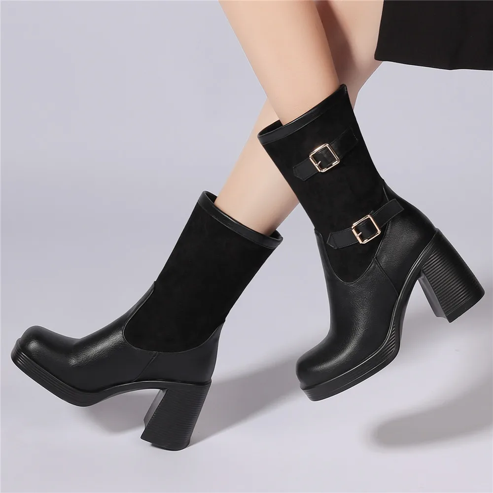 OtrK2023 Autumn Winter Ladies Motorcycle Booties Black Gothic Style Buckle Cool Punk Mid Calf Boots Comfy