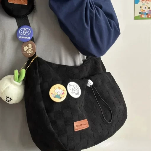 OzAMXiuya Harajuku Style College Crossbody Bag Solid Color Plaid Print Large Capacity Shoulder Bag New Cute