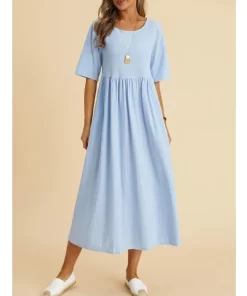 PAiiWomen Vintage Cotton Linen Breathable Midi Dress Y2K Summer Fashion Half Sleeve Solid Casual Dresses High