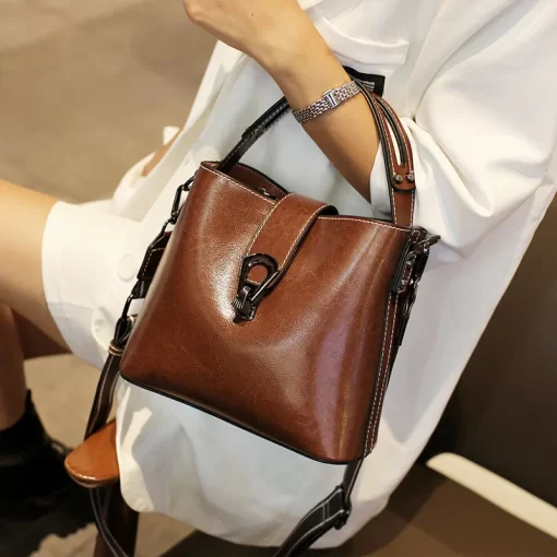 PoHLReal Cowhide Leather Women s New Bucket Bag Lady Fashion Single Shoulder Messenger Bag Versatile Handbag