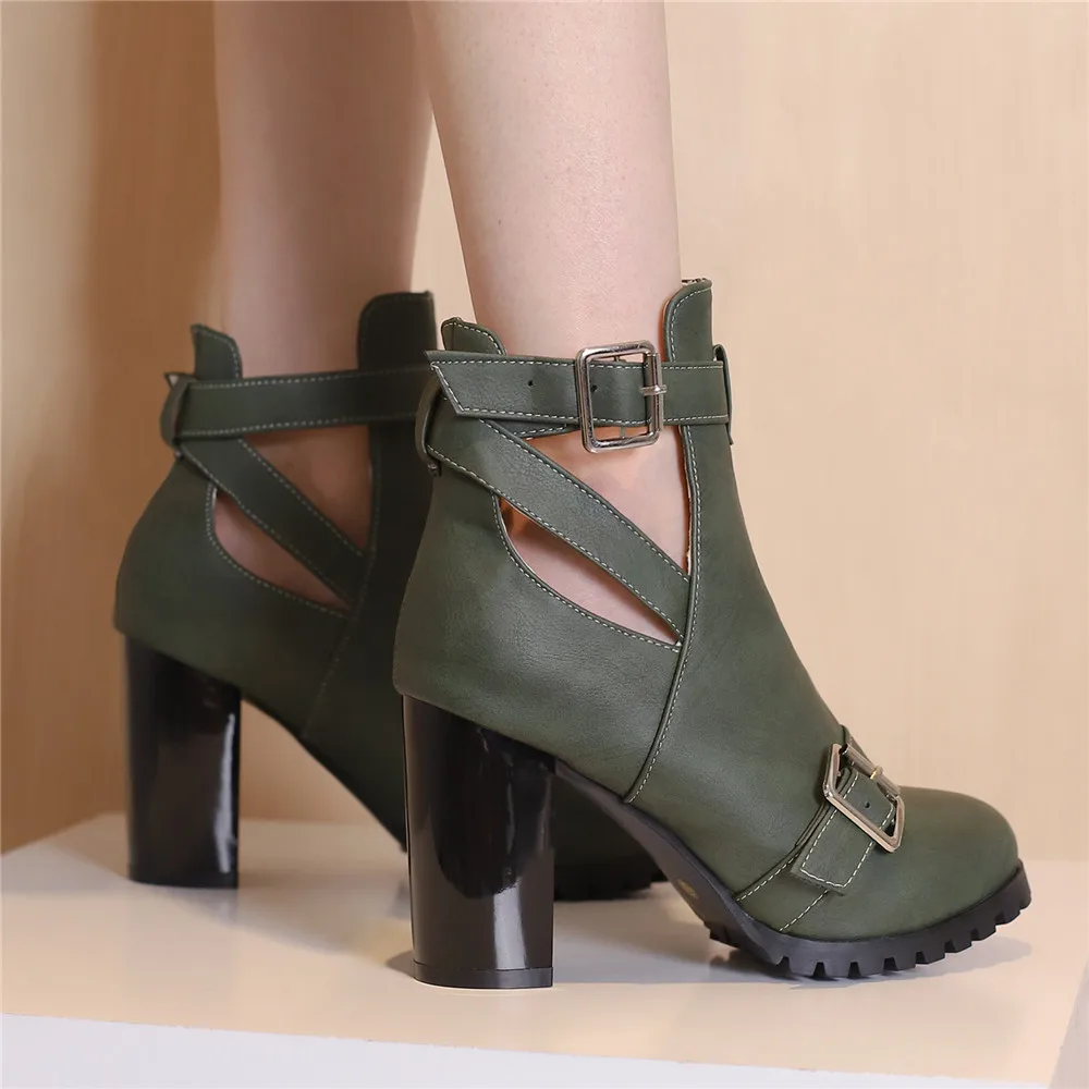 R29JWomen Chelsea Boots Spring Autumn Shoes Lady Fashion Platform Buckle Hollow Motorcycle Booties Female Thick Heel