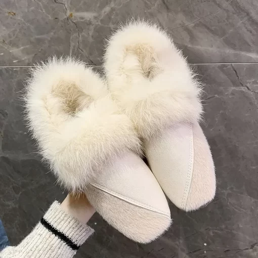 RbowWomen Winter Rabbit Fur Square Toe Shoes Ladies Fluffy Plush Flats Moccasins Retro Warm Loafers Women