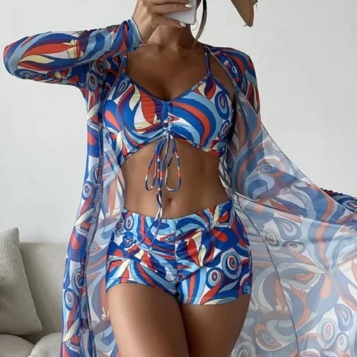 SI1qSummer Print Swimsuits Tankini Sets Female Swimwear Push Up For Beach Wear Three Piece Bathing Suits