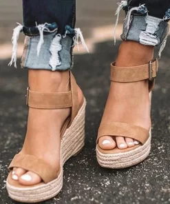 SbGDTops Summer Shoes Women Summer Large Size Wedge Buckle Belt Open Toe Slope Heel Weaving Sandals