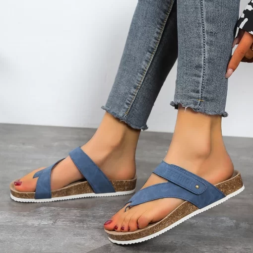 T2zh2022 Summer Cork Open Toe Flat Slippers for Woman Fashion All match Casual Slippers Plus Size