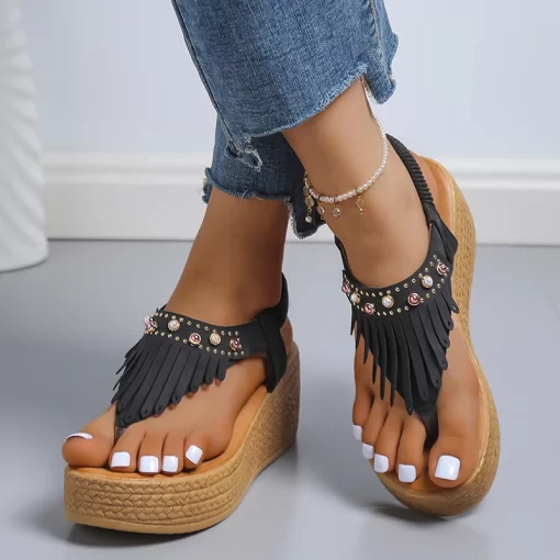 UTSB2022 Tassels Clip Toe Summer Women Sandals 2022 Flower Printed Wedges Sandals Woman Plus Size Non