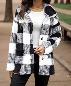 VWpdAutumn and Winter Women s Polo Collar Plaid Contrast Button Pocket Flocking Long Sleeve Cardigan Coat