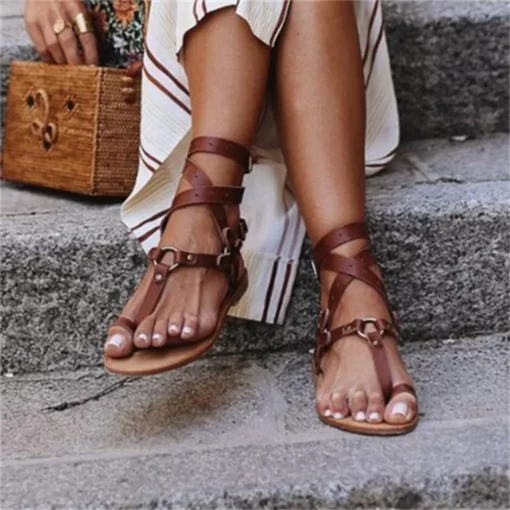 WXaWWomen Sandals Flat Casual Summer NEW Luxury Roman Style Toe Cover Cross Buckle Black Brown Snake