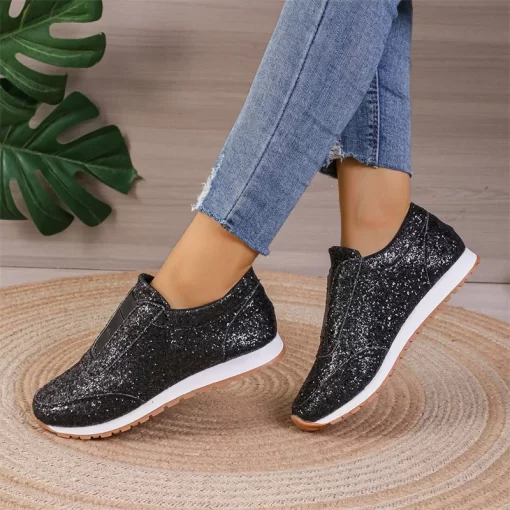 YXZF2023 Autumn New Fashion Slip on Low heeled Women s Sneakers Gold Silver Trend Sport Shoes