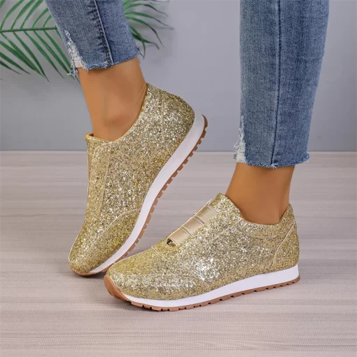 aEnB2023 Autumn New Fashion Slip on Low heeled Women s Sneakers Gold Silver Trend Sport Shoes