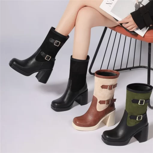 aI3I2023 Autumn Winter Ladies Motorcycle Booties Black Gothic Style Buckle Cool Punk Mid Calf Boots Comfy