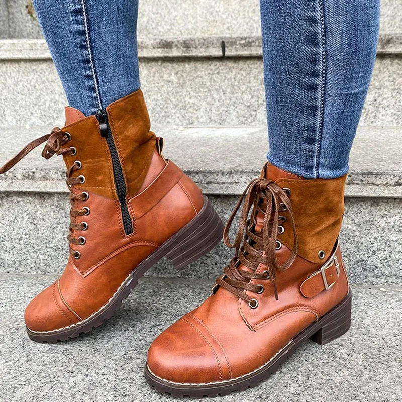 bCpf2023 Spring Autumn Retro Ankle Boots Women s New Solid Color Lace up Casual Women s
