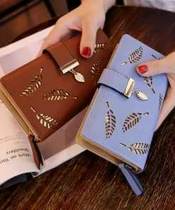 bRZqWomen Wallet PU Leather Purse Female Long Wallet Gold Hollow Leaves Pouch Handbag For Women Coin