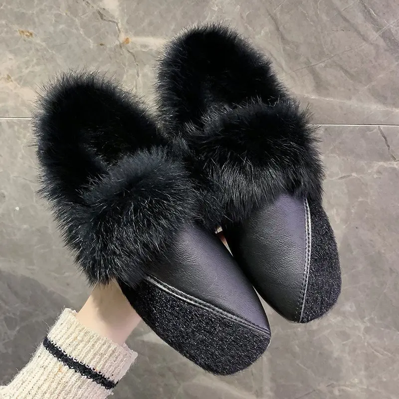 bl9FWomen Winter Rabbit Fur Square Toe Shoes Ladies Fluffy Plush Flats Moccasins Retro Warm Loafers Women