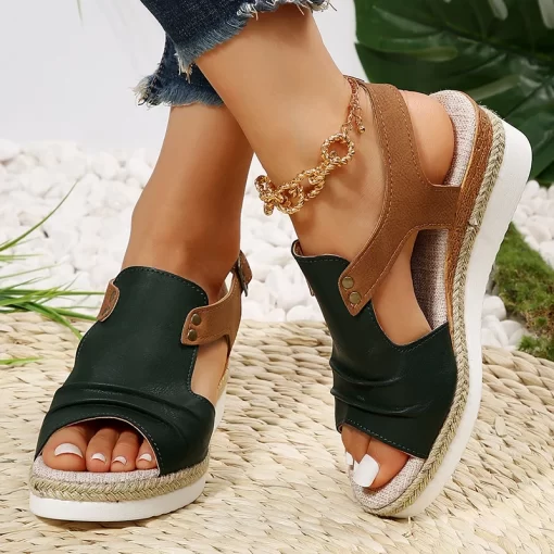 cxaUPleated PU Leather Wedge Sandals for Women Back Strap Espadrilles Platform Sandles Woman 2023 Summer Thick