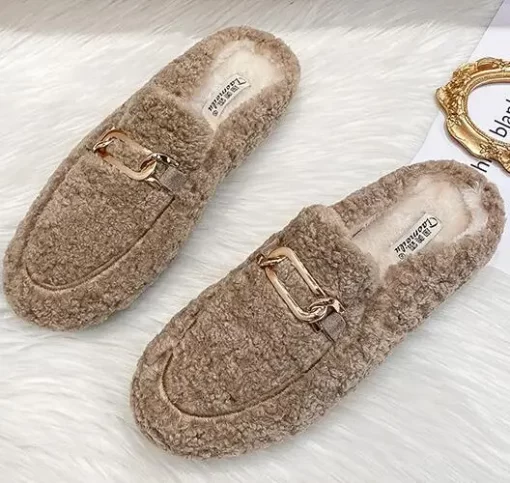dKevWinter Warm Plush Mules Women One Band Fur Slippers Cozy Cotton Shoes Woman Flats Cover Toe