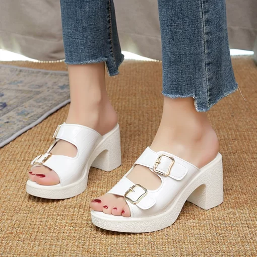 dheHWomen s High Heel Slippers Platform Fashion Simple Slippers Women s Buckle with High Heels Open