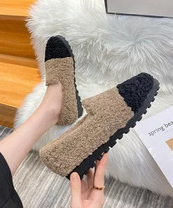 fMLGMixed Colors Curly Wool Fur Moccasins Femme Fur Flats Ins Plush Winter Shoes Women Thicken Soled