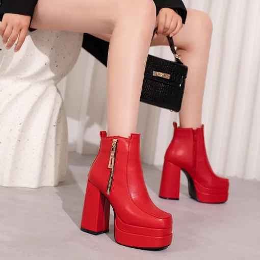 fy7O2022 Fashion Women Boots Double Platform Chunky High Heel Ankle Boots Square Toe Zipper Punk Boots
