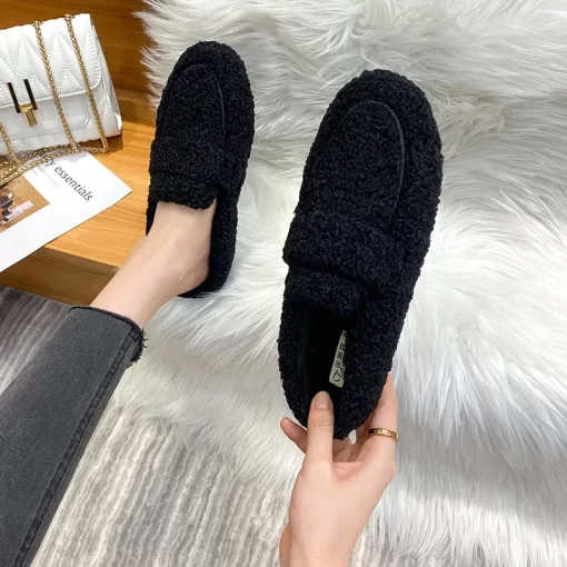 hiStWinter Warm Plush Mules Women One Band Fur Slippers Cozy Cotton Shoes Woman Flats Cover Toe