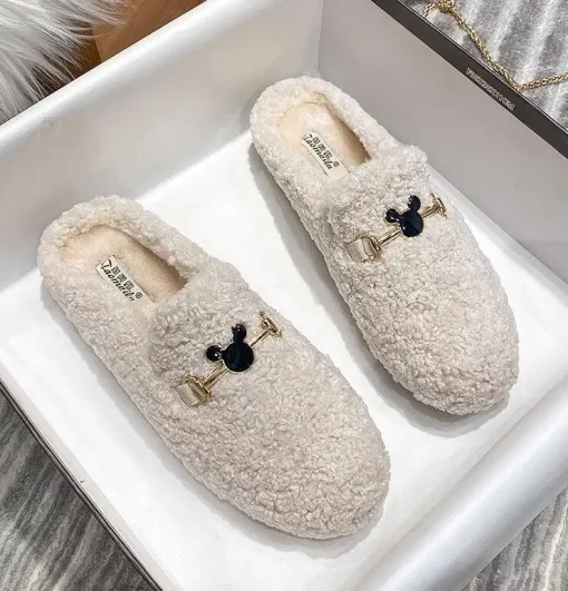 i29lWinter Warm Plush Mules Women One Band Fur Slippers Cozy Cotton Shoes Woman Flats Cover Toe