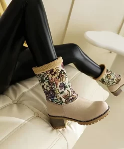 j6bsWinter Print Flower Women Boots Chelsea Fur Ankle Warm Boots Luxury Brand High Heels Boots Goth