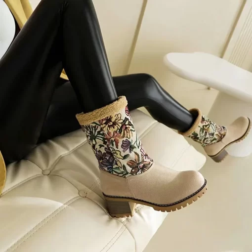 j6bsWinter Print Flower Women Boots Chelsea Fur Ankle Warm Boots Luxury Brand High Heels Boots Goth