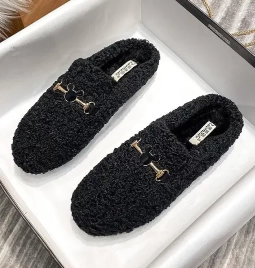 jHXVWinter Warm Plush Mules Women One Band Fur Slippers Cozy Cotton Shoes Woman Flats Cover Toe