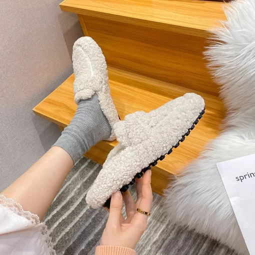 khkyWinter Warm Plush Mules Women One Band Fur Slippers Cozy Cotton Shoes Woman Flats Cover Toe