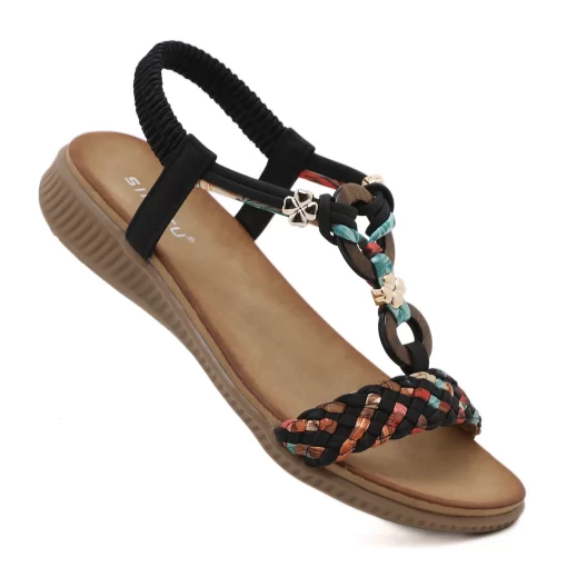 l7vOSIKETU Brand Novelty Flat Heel Sandals Mix Color Knit Shoes Elastic Strap Bohe Retro Minority Style