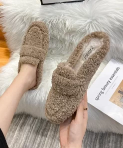 mF4NWinter Warm Plush Mules Women One Band Fur Slippers Cozy Cotton Shoes Woman Flats Cover Toe