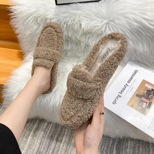 mF4NWinter Warm Plush Mules Women One Band Fur Slippers Cozy Cotton Shoes Woman Flats Cover Toe