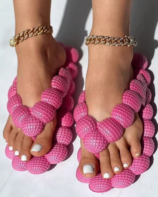 q8rWOutdoor Soft Bubble Flip Flops Summer Slides For Women Close Toe Slippers Bubble Massage Litchi Sandals