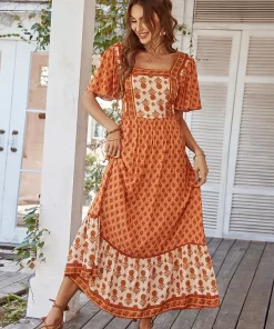 rGD1Vintage Floral Square Collar Print Dresses Summer French Bohemian Style Dress Folk custom Long Skirt European