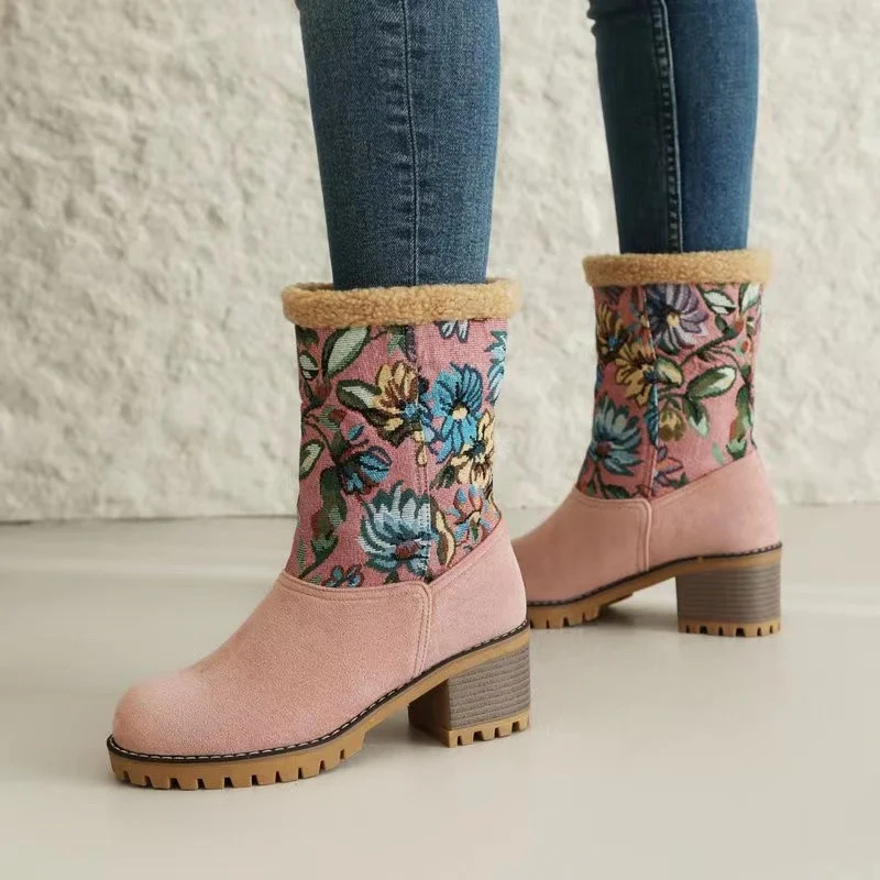 rSbwWinter Print Flower Women Boots Chelsea Fur Ankle Warm Boots Luxury Brand High Heels Boots Goth