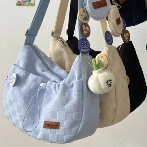 s21NXiuya Harajuku Style College Crossbody Bag Solid Color Plaid Print Large Capacity Shoulder Bag New Cute