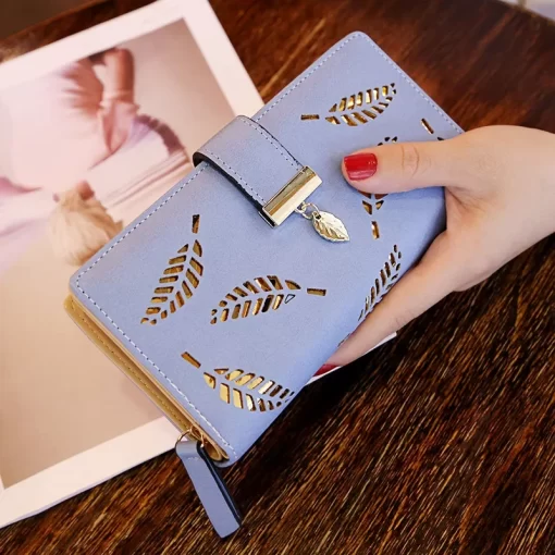 sf6OWomen Wallet PU Leather Purse Female Long Wallet Gold Hollow Leaves Pouch Handbag For Women Coin