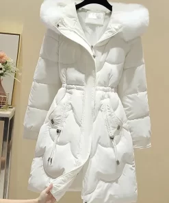 tMyXKorean Fashion Slim Faux Fur Collar Hooded Parkas Winter Women Cold Coat Waist Drawstring Padded Jackets