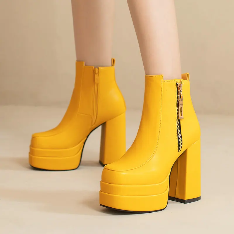 waPD2022 Fashion Women Boots Double Platform Chunky High Heel Ankle Boots Square Toe Zipper Punk Boots