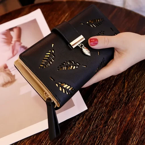 z1LjWomen Wallet PU Leather Purse Female Long Wallet Gold Hollow Leaves Pouch Handbag For Women Coin