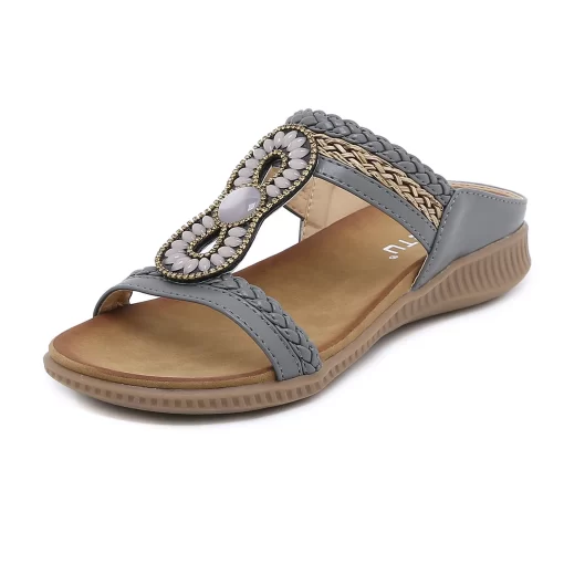 zhX2SIKETU Brand Women Fashion Retro Bohe Flat Heel Slides Solid Color Rhinestone Beads Shoes Knit Strap