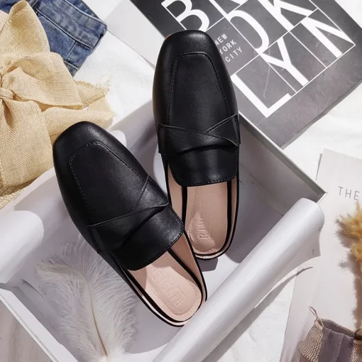 0x7W2023 New Spring and summer women wear slippers Korean fashion design Leather Girl black Muller shoes