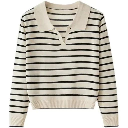 1rEbFashion Women Clothing Long Sleeve Striped Sweater Spring Autumn New V Neck Versatile Loose Casual Basic