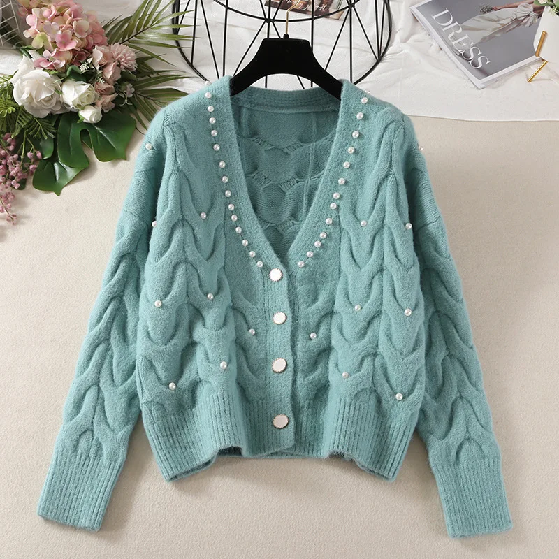 2P782023 new fashion all match knitted outer wear sweater Sweet beaded V neck knitted cardigan women