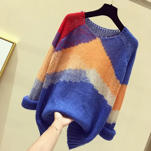 2n2gStriped Color block Knitted Sweater Women Fashion Thin Section Long sleeved Loose Hollow Lazy Sweater Pullover