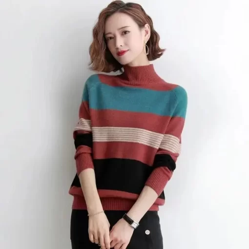 2p00Autumn Winter Half High Collar Striped Patchwork Sweaters Ladies Loose Casual All match Bottoming Pullover Tops