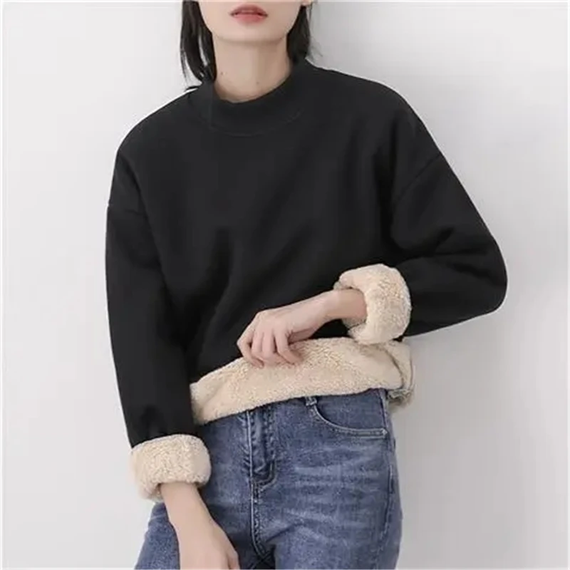 3HnILamb Wool M 4xl Warm Solid Color Simple Sweatshirts Women Autumn Winter Plus Velvet Loose O