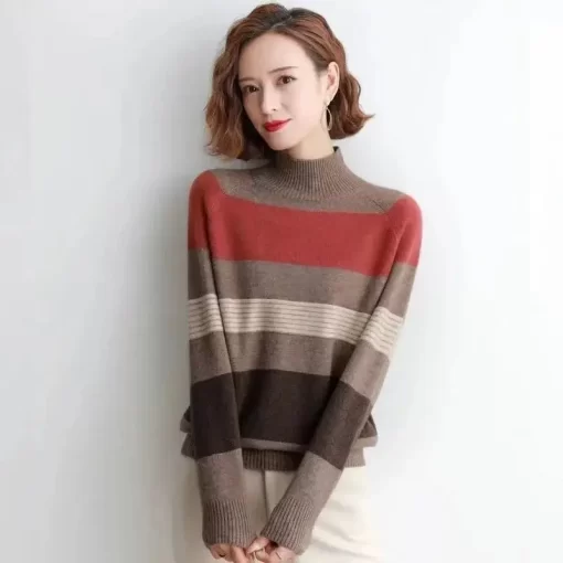 3NusAutumn Winter Half High Collar Striped Patchwork Sweaters Ladies Loose Casual All match Bottoming Pullover Tops